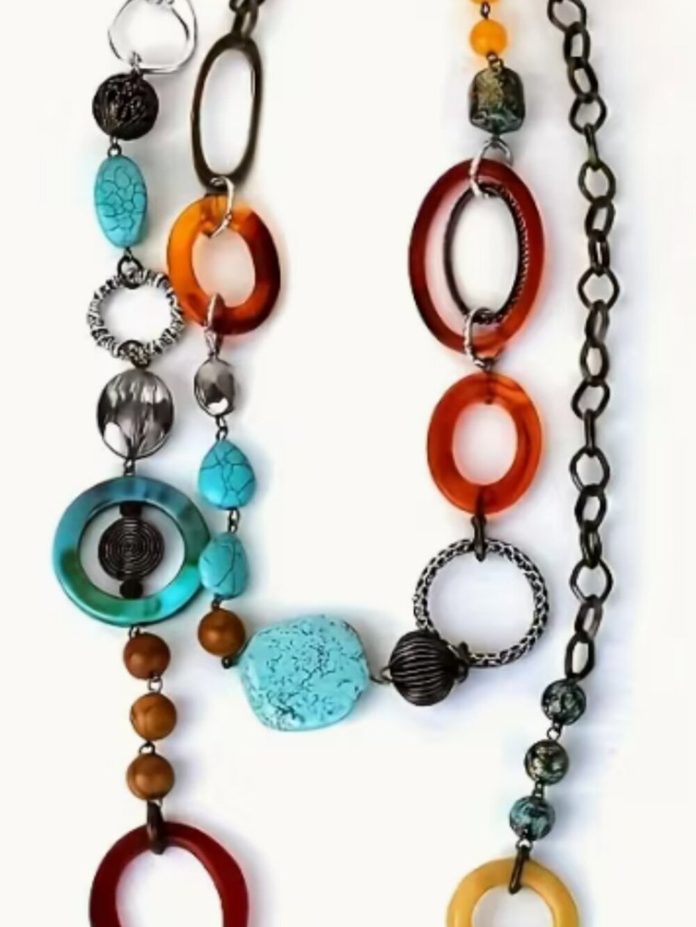 Boho Brass Acrylic Wood Stones Beaded Long Necklace - NEW - Picture 3 of 4